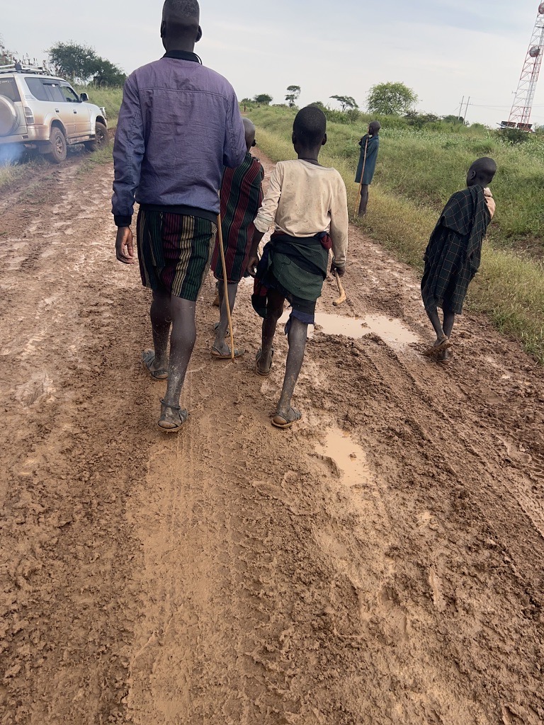 Rural road during a DAVARS field visit in Northern Uganda, with a radio mast in the distance