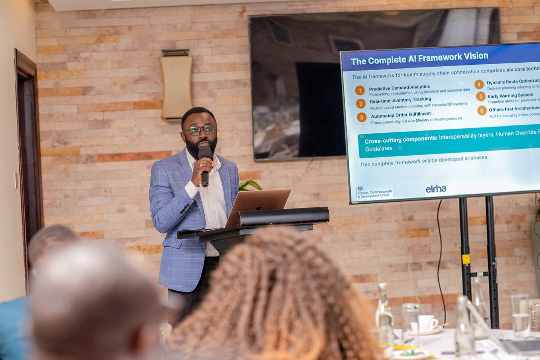 Neuravox founder presenting the AI framework for health supply chain optimization at a stakeholder convening